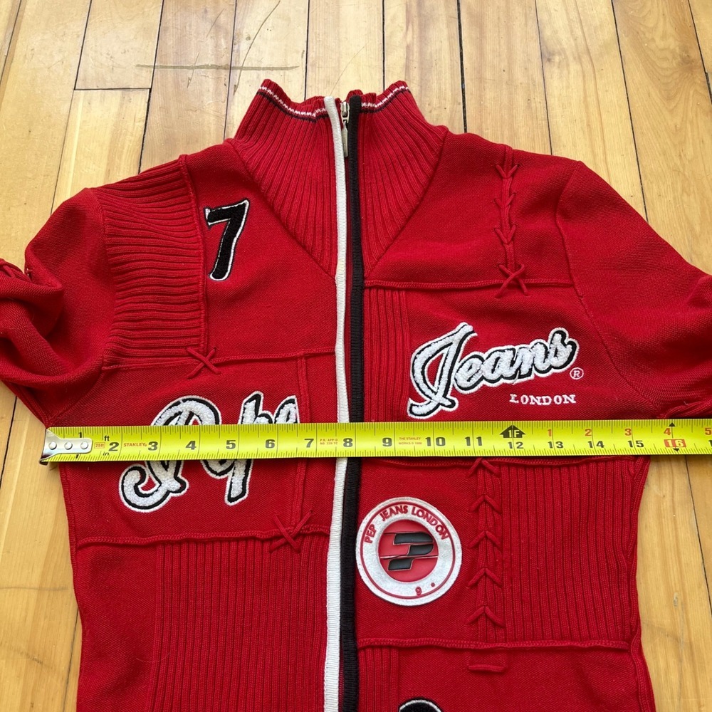 Pepe Jeans London Red Patchwork Full Zip Varsity Sweater Womens Large Vtg Y2K - Picture 8 of 9
